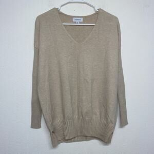 Evereve Sweater Women XS Oatmeal V-Neck Tunic Banded Hem Relaxed Lightweight